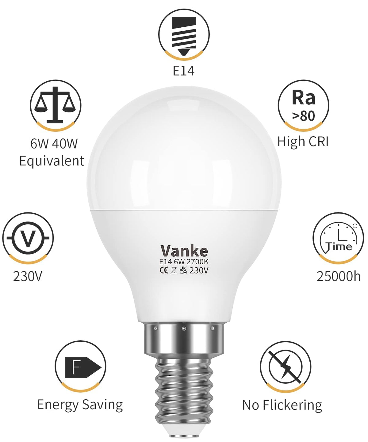 Vanke E14 LED Light Bulb, Warm White 2700K, 6W (40W Equivalent), Pack of 3
