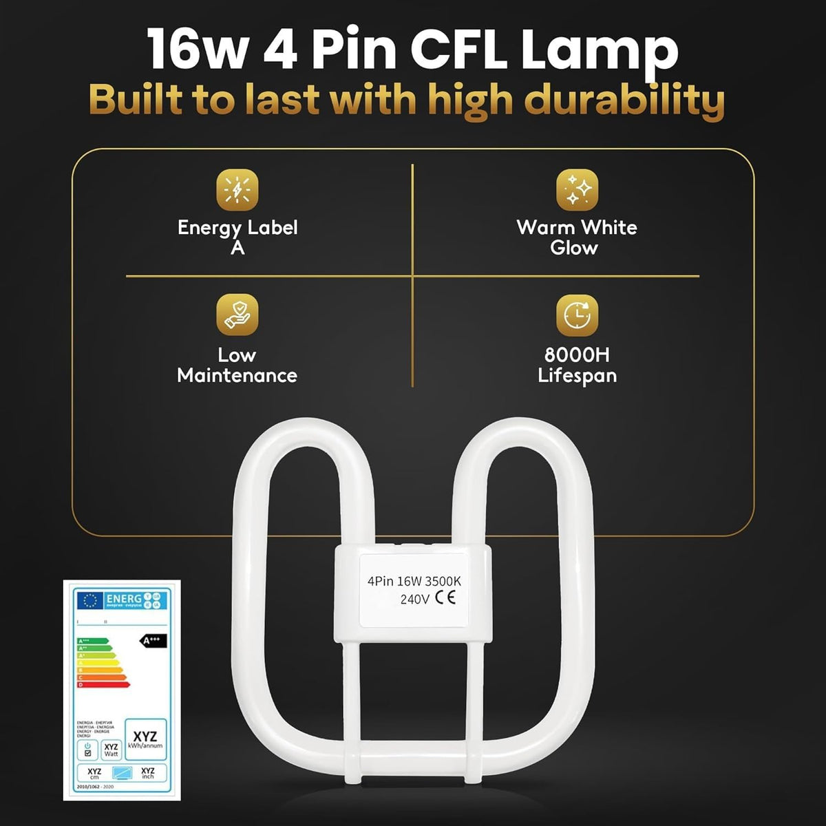 Quebec 16W 2D Square 2-Pin GR8 Cap Compact Fluorescent Lamp, Warm White 3500K, Non-Dimmable CFL Light Bulb, Energy Class A, AC 230V, DD Flat Butterfly Bulb for Flush Mount Ceiling Lighting, 8000 Hours