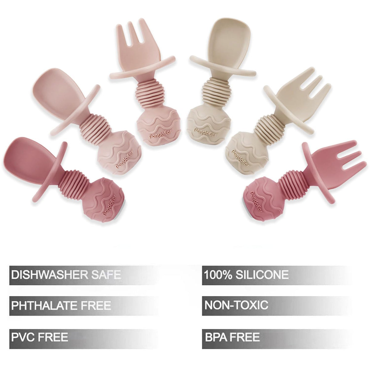 PandaEar 6 Pack Silicone Baby Weaning Spoons and Forks Set| Toddler Cutlery Self Feeding Spoons for Baby| Anti-Choke Design for Baby Led Weaning 3 Months Plus (Blue Green Tan)