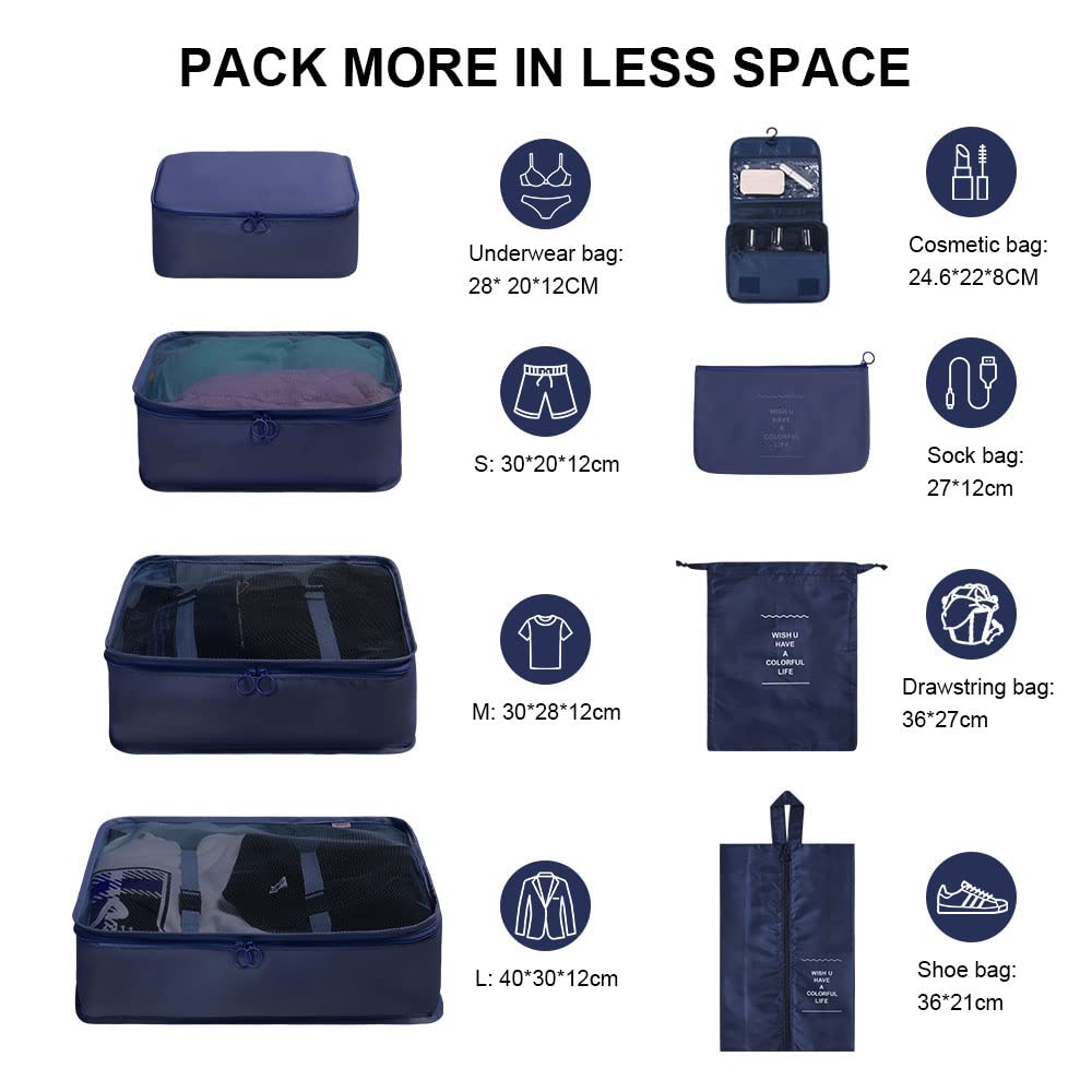 OSDUE Packing Cubes for Suitcase, 8PCS Thickening Travel Organiser Packing Bags Lightweight Travel Accessories Organizers Essentials Clothes Shoes Cosmetics Toiletries Storage Bags