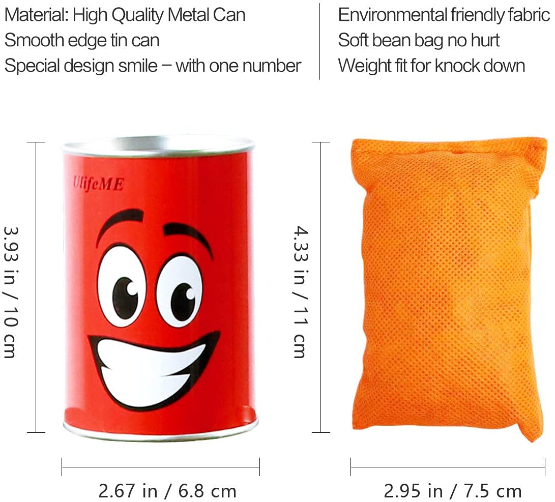 Tin Can Alley Game, Outdoor Garden Target Shooting Fairground Games for Kids & Children, Garden Party Toys Gift for Boys & Girls: 10pcs Fun Smile Knock Down Tin Cans and 3pcs Beanbags