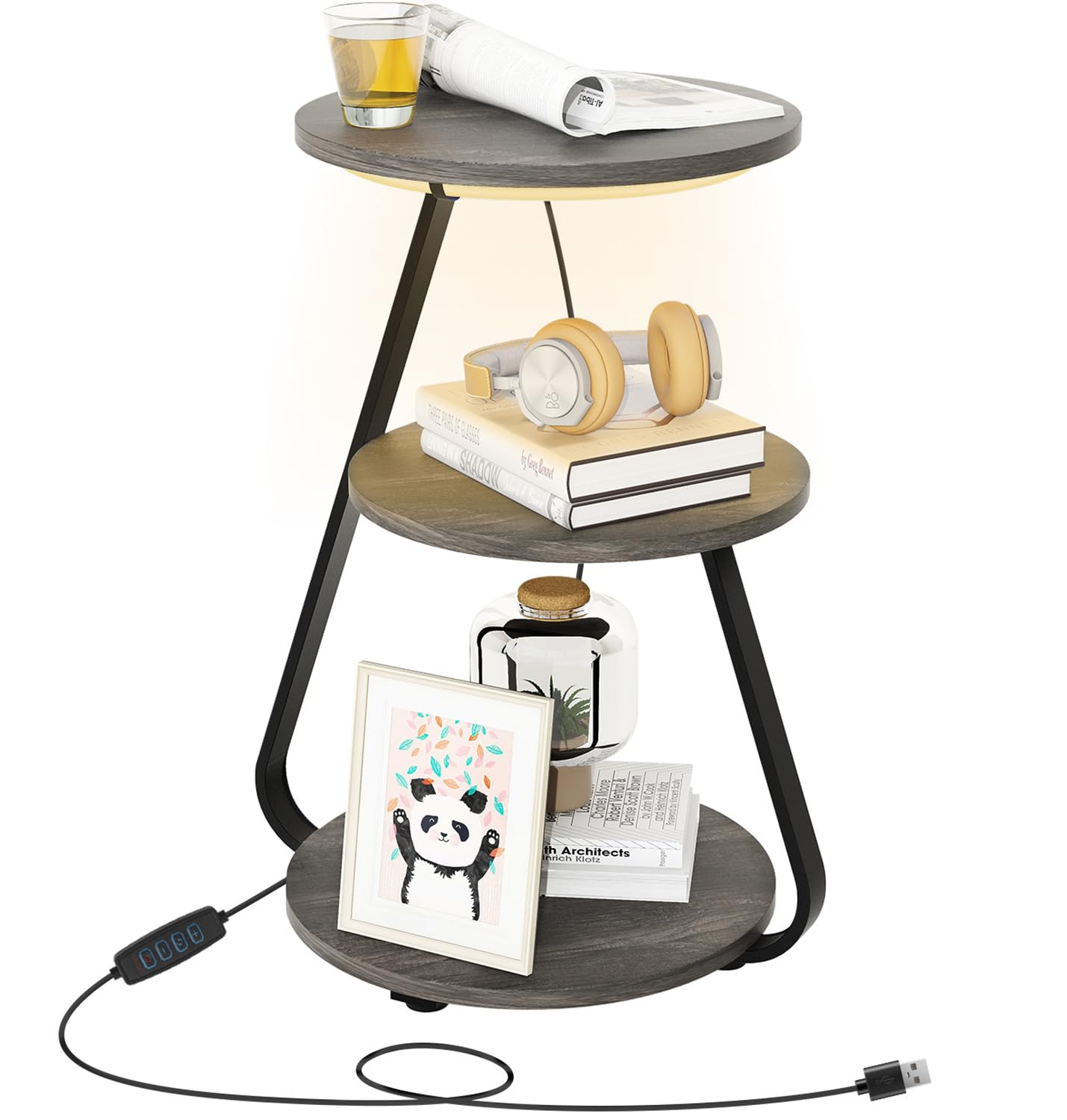 ARTETHYS Side Table, Small Round Coffee Table with 3 Color LED Lights, End Table with 3 Tier Storage Shelves, Bedside Sofa Side Tables for Living Room Bedroom, Rustic Brown