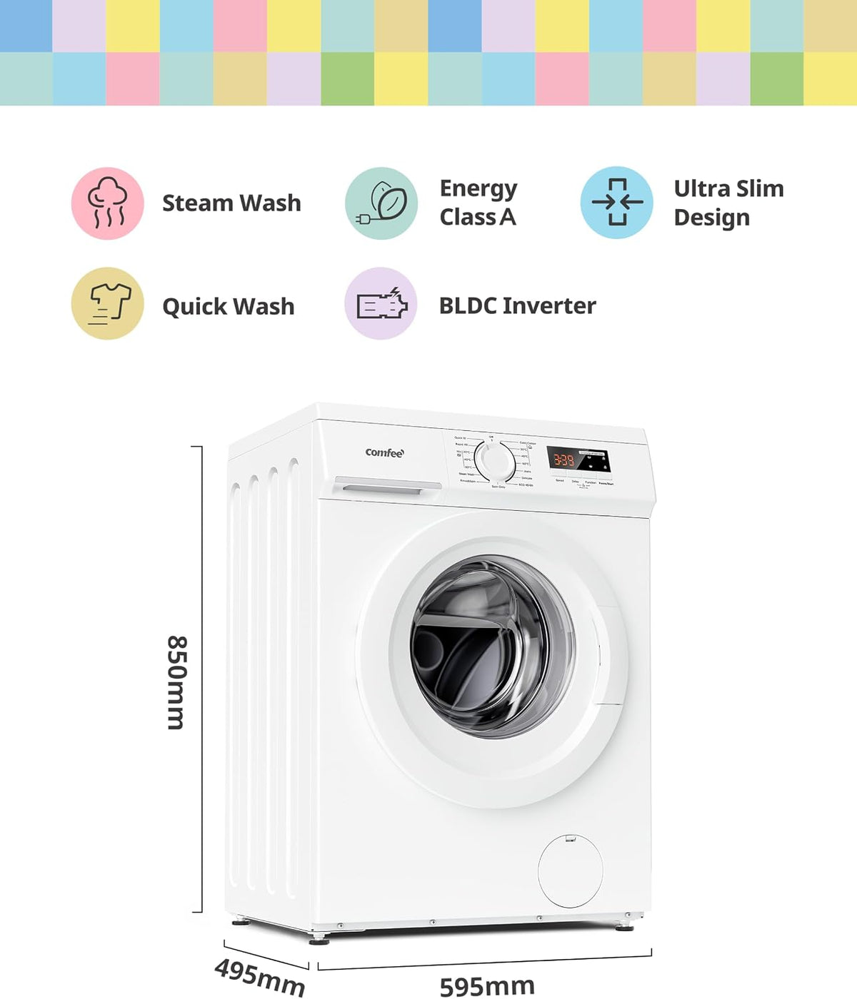 COMFEE' 9kg Washing Machine Energy Class A 1400rpm BLDC Motor Slim White