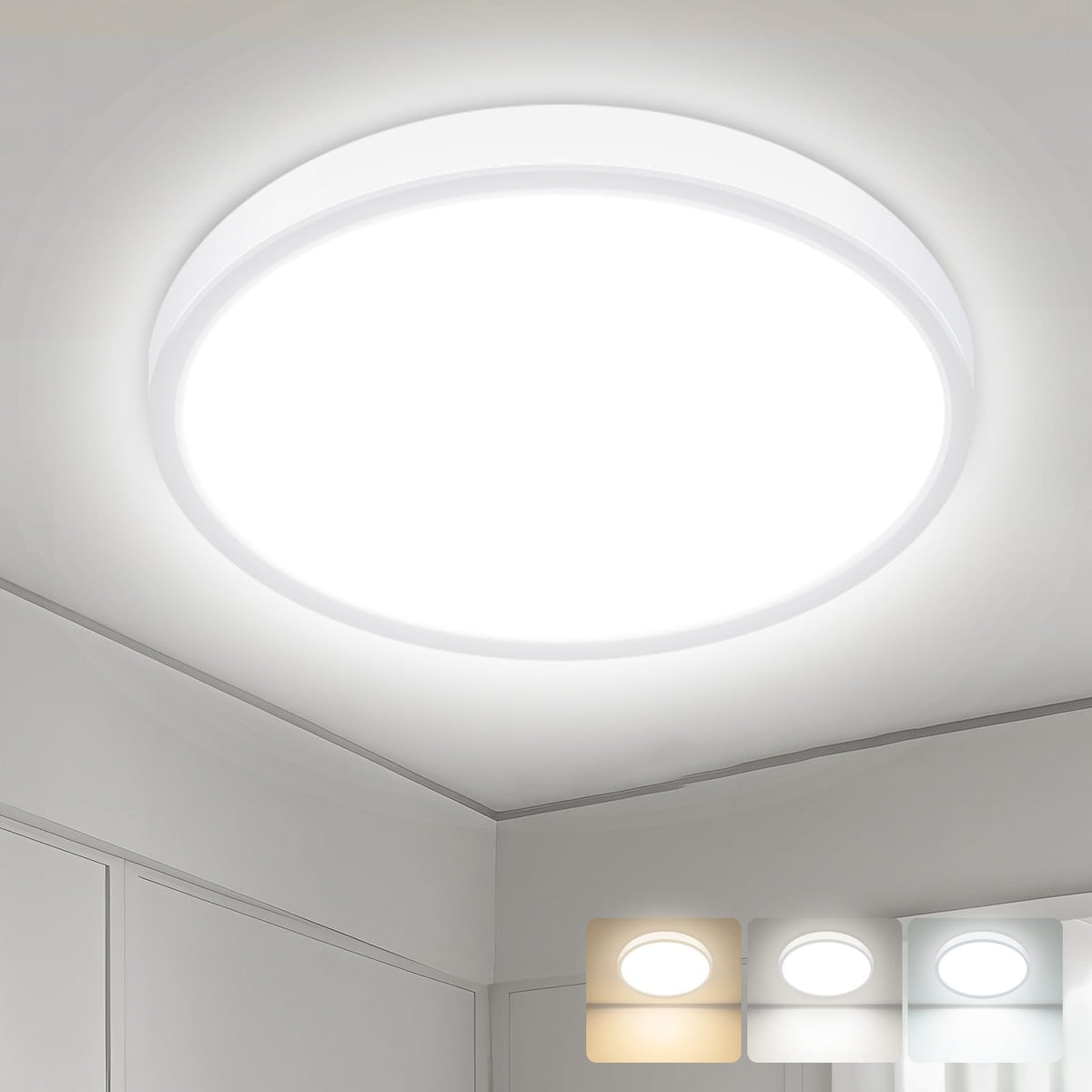 hepside Bathroom Light, 3000K/4000K/6500K 3 Color Temperature LED Ceiling Light, 15W 1500LM, Waterproof, Round, Small, Modern, Flush Ceiling Light for Bathroom, Kitchen, Bedroom, Black