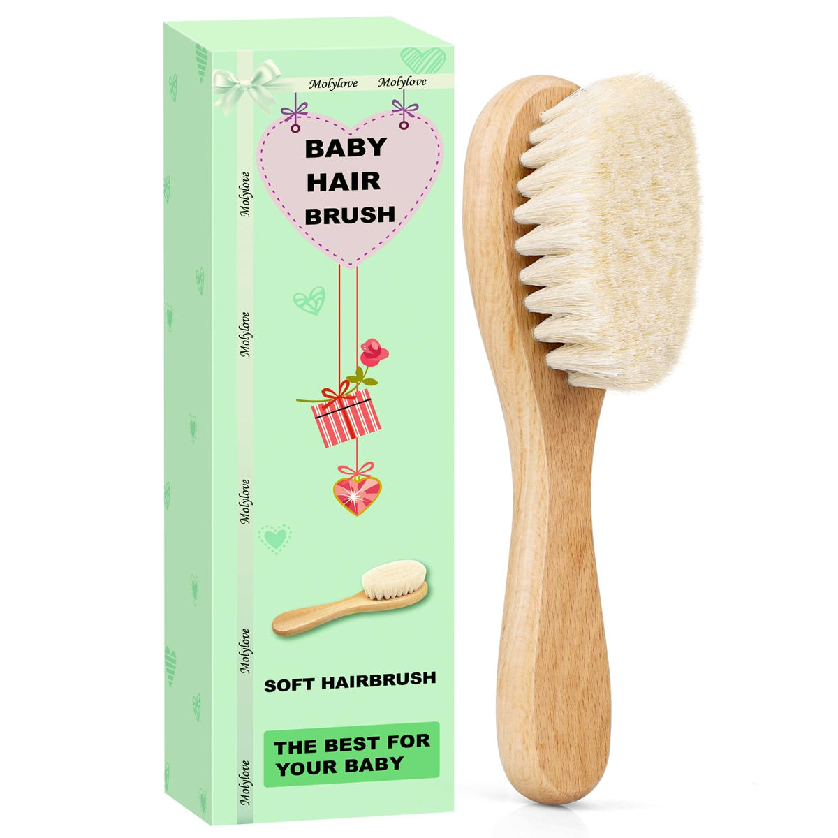 3PCS Baby Hair Brush with Wooden Handle and Comb Set for Newborns & Toddlers | Natural Soft Goat Bristles l Wood Comb l Green Cradle Cap Brush | Ideal for Cradle Cap