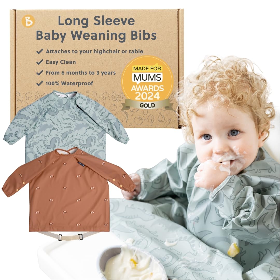 BIBaDO Long Sleeve Baby Bibs - Coverall Weaning Bib with Highchair Strap