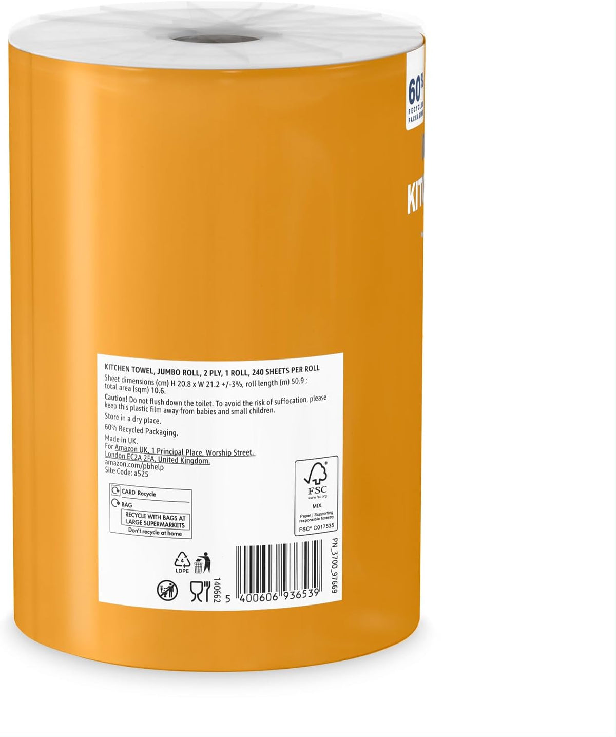 Our Essentials by Amazon Kitchen Towel Jumbo Roll 1 Pack, 2-Ply, 240 Sheets