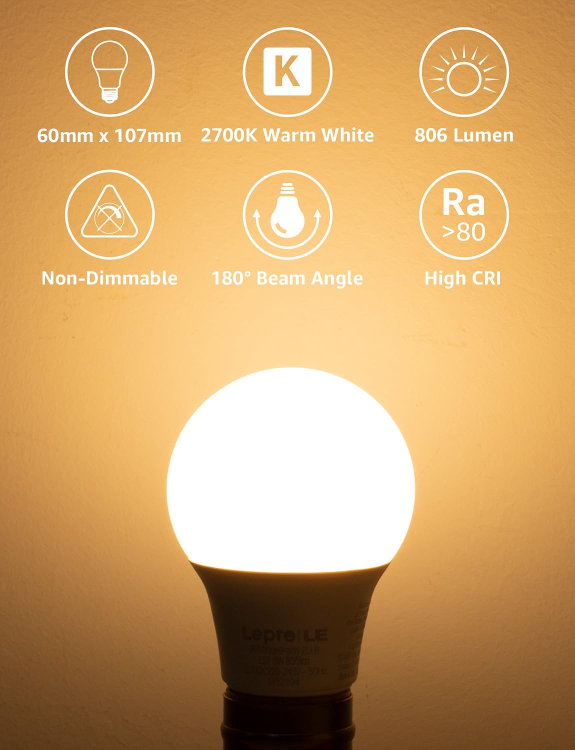 Lepro E27 Screw Bulb, 8.5W, 60W Equivalent, 806lm 2700K Warm White, 6 Pack