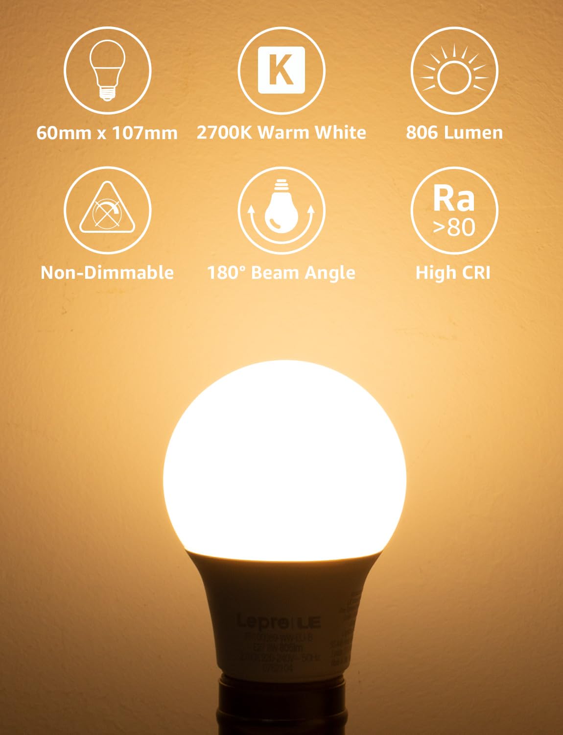 Lepro E27 Screw Bulb, 8.5W, 60W Equivalent, 806lm 2700K Warm White, 6 Pack