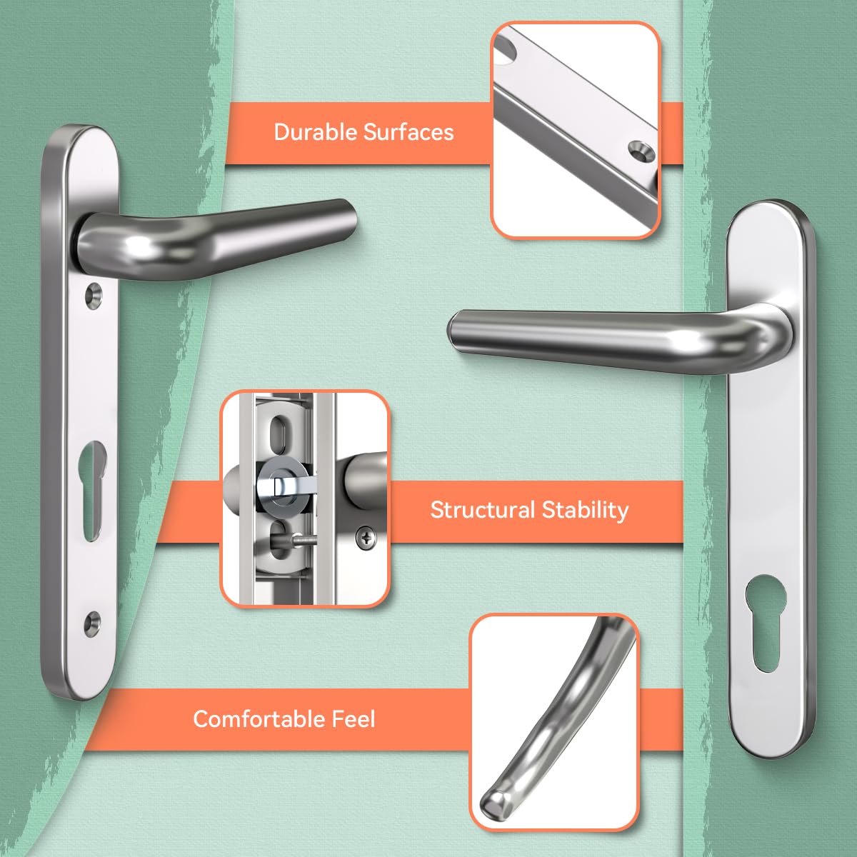Bwintech 1 Set Black UPVC Door Handle Set, 92mm Backset,122mm Screw Hole Distance, 210mm Plate Length Front Door Handles for UPVC Door