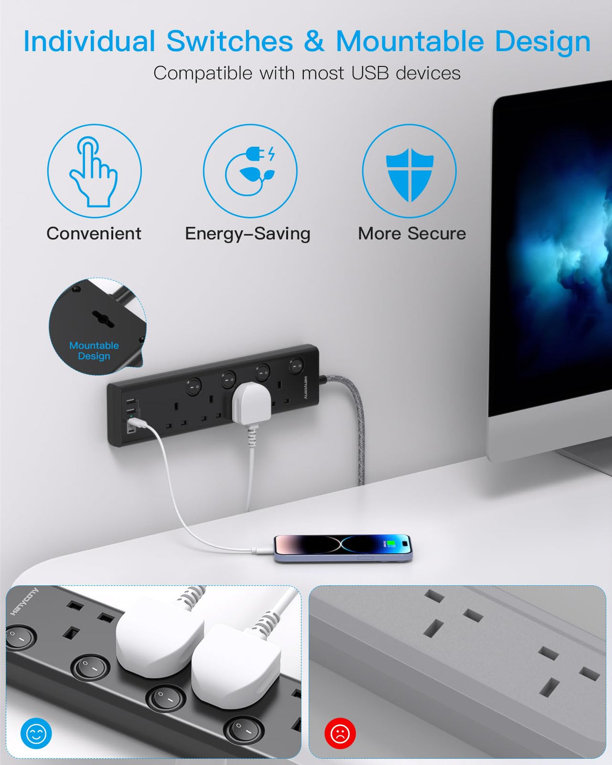 Extension Lead with USB Slots(2 USB C), 4 Way Plug Extension Socket, 1.8M