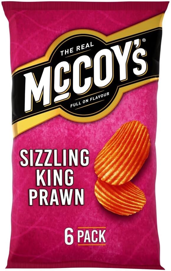 McCoy's Sizzling King Prawn Multipack Crisps 6 Pack (Multipack BOX of 20) - Fully loaded with flavour, iconic ridged crisp, unmistakable crunch