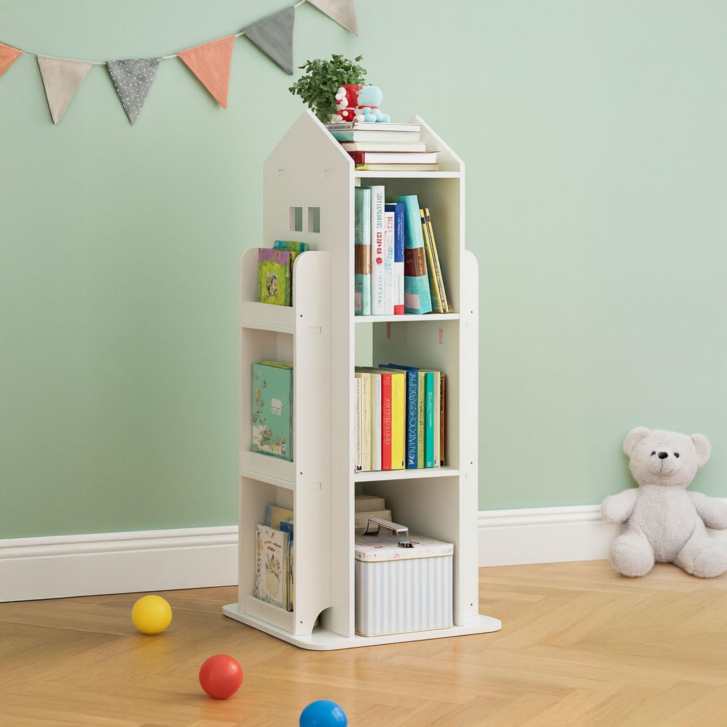 Neo House Shaped 360° Rotating Kids' Children's Freestanding Bookshelf Bookcase 10 Shelf Shelve Space‑Saving Design (White)