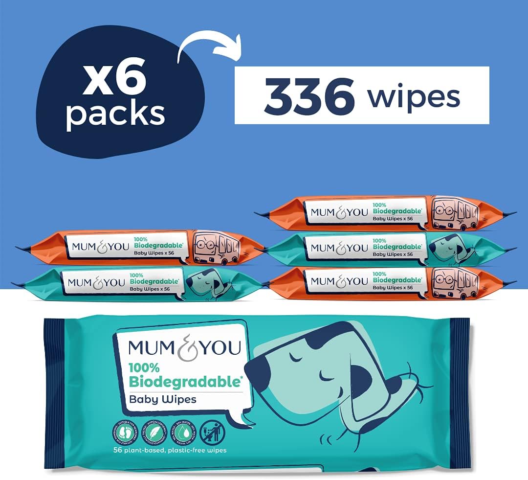 Mum & You Baby Wipes - Biodegradable Wet Wipes | 99.4% Water | Ideal for Sensitive Newborn Skin | 336 Newborn Wipes Bulk, Bum Wipes, Wet Tissue, Plastic free Wet wipes, (56 wipes x 6 packs)
