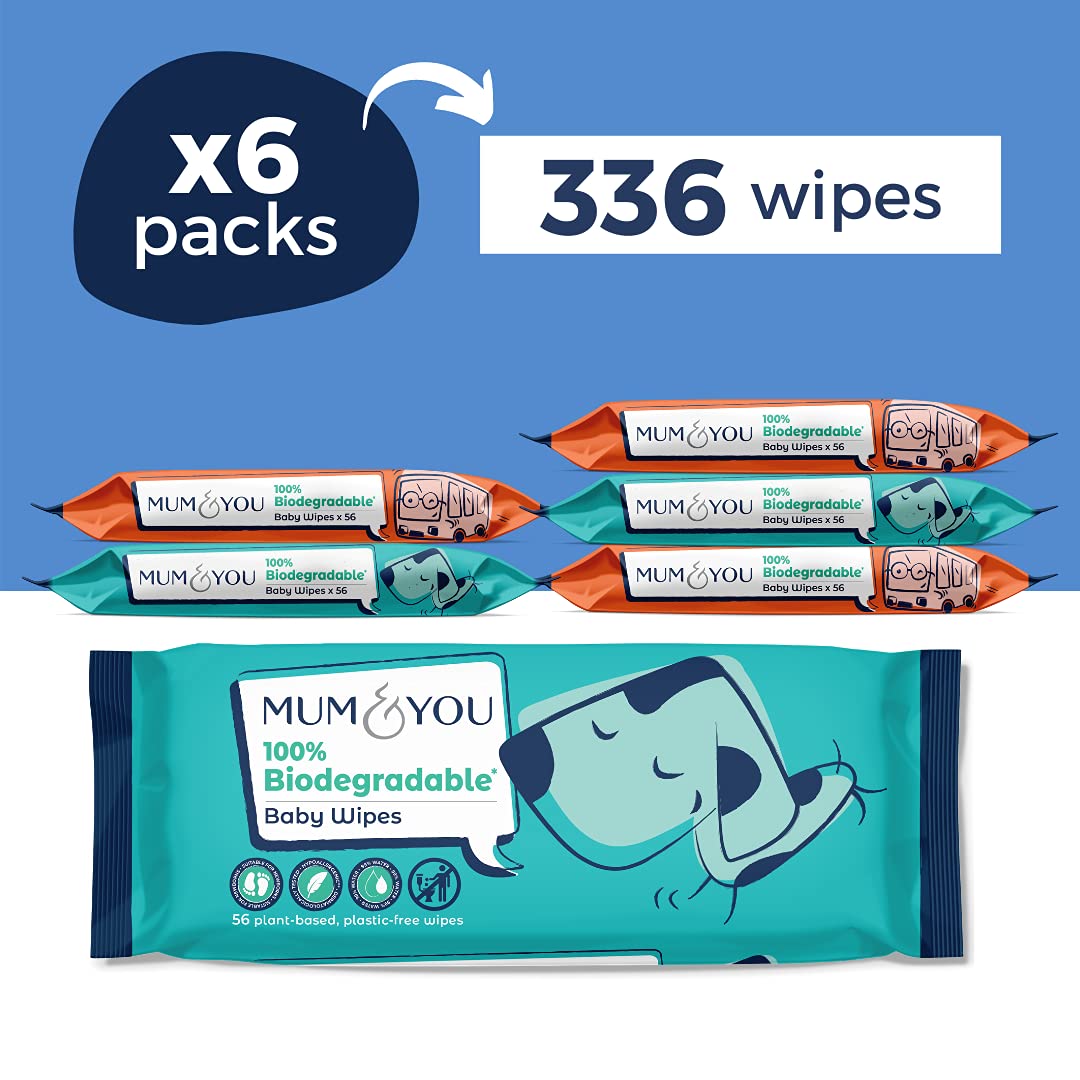 Mum & You Baby Wipes - Biodegradable Wet Wipes | 99.4% Water | Ideal for Sensitive Newborn Skin | 336 Newborn Wipes Bulk, Bum Wipes, Wet Tissue, Plastic free Wet wipes, (56 wipes x 6 packs)