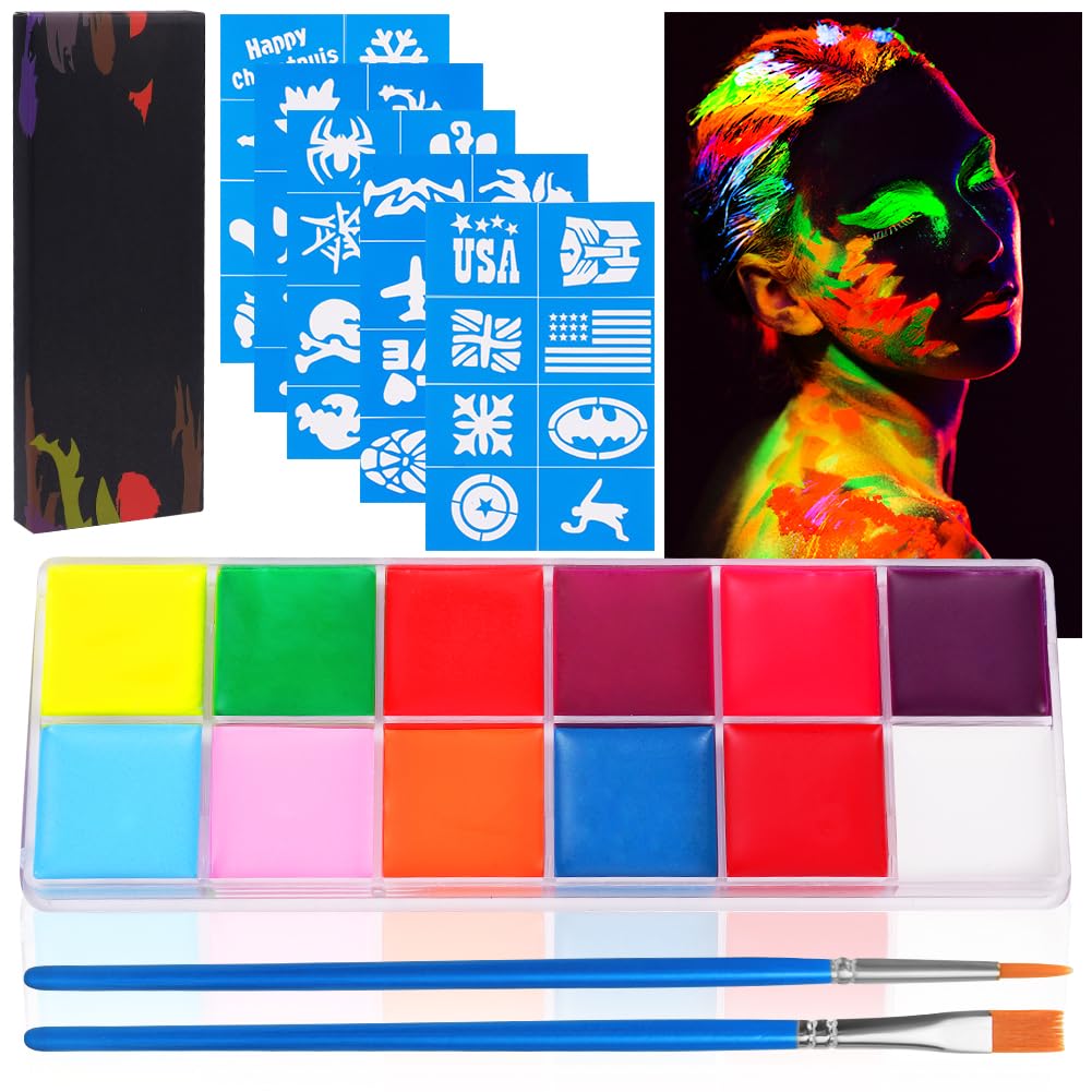 URAQT Face Paint Kit, 15 Color Face & 15 Color Neon Ultraviolet Painting with 2 Brushes 80 Stencils, Washable Safe Body Paint for Adults Kids Halloween Party Carnival, Makeup Paint Non-Toxic to Use
