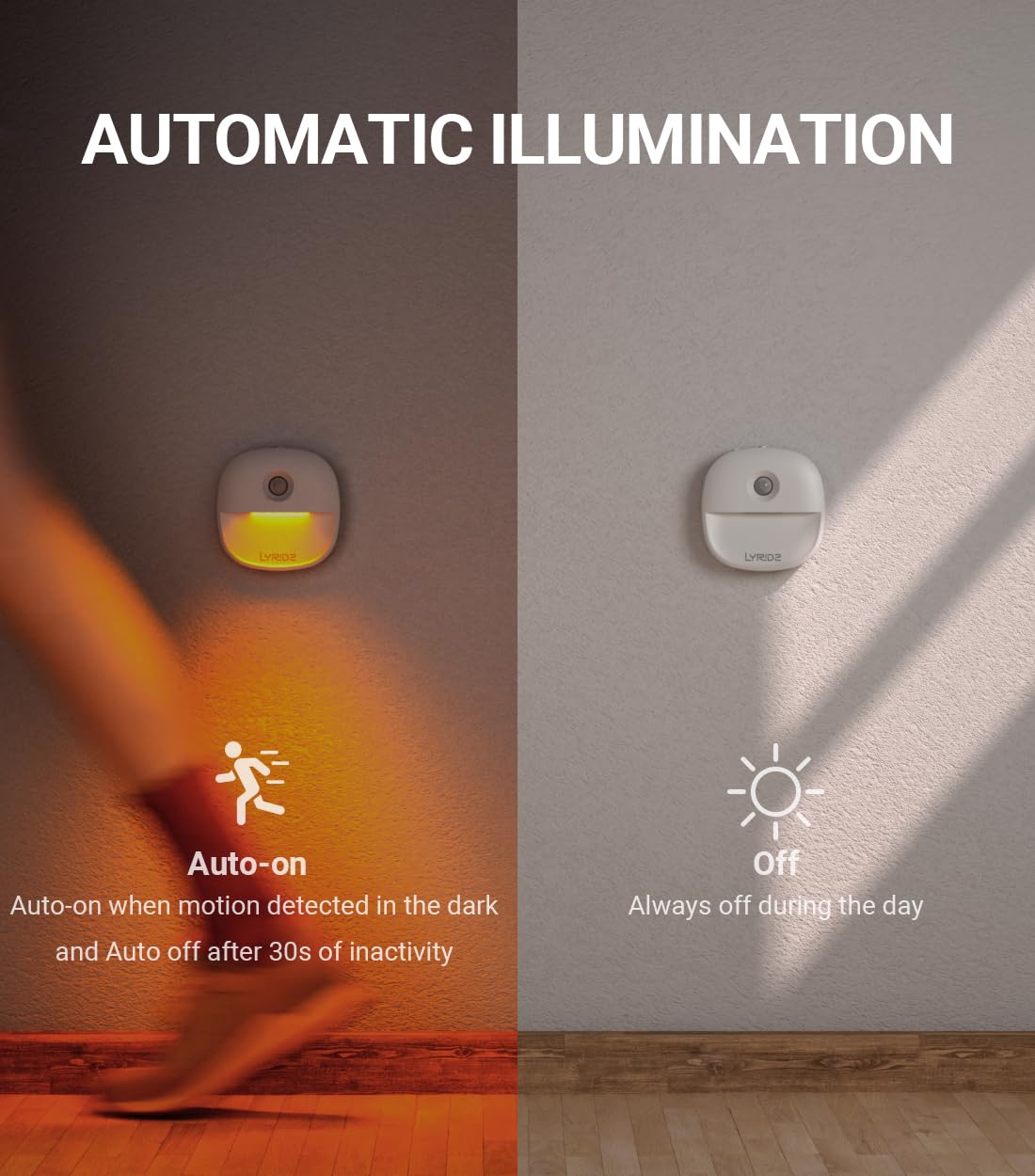 Lyridz Motion Sensor Night Lights (3 Pack), USB Rechargeable Night Light, Motion Sensor Lights Indoor ON/Off/AUTO Modes with Removable Magnetic Stick on Cupboard, Stair, Hallway, Bedroom (Warm White)