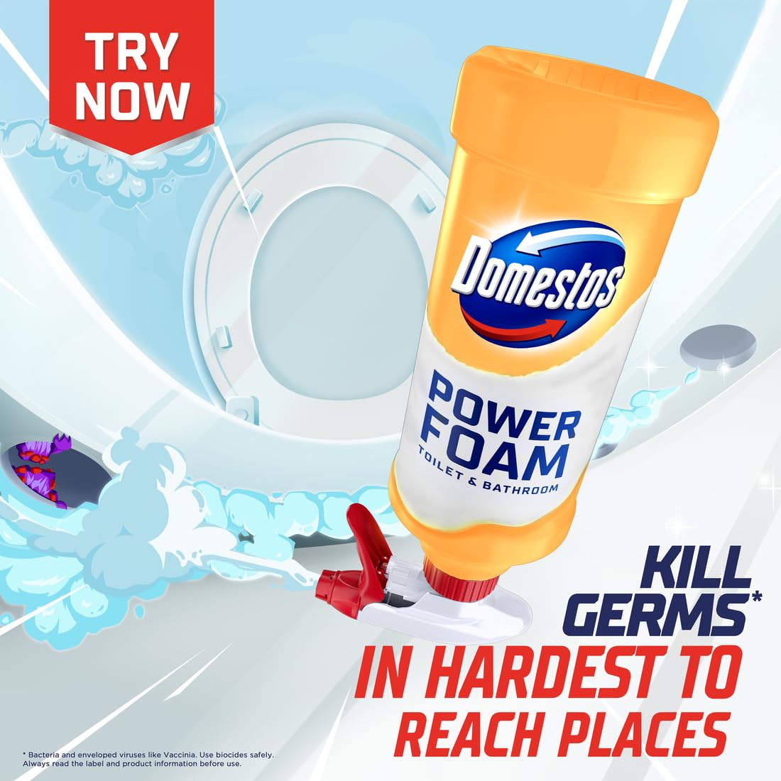 Domestos Power Foam Arctic Fresh Toilet & Bathroom Cleaner Spray sprays upside down & eliminates 99.99% of germs* for cleaning inside the toilet & around the bathroom 450 ml