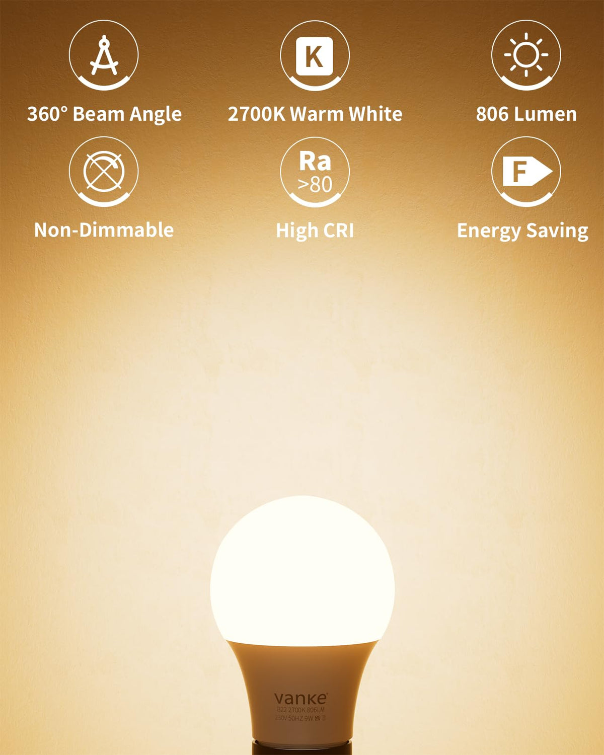 Vanke Bayonet Light Bulb, 9W(60W Equivalent), Warm White 2700K, 3-Pack