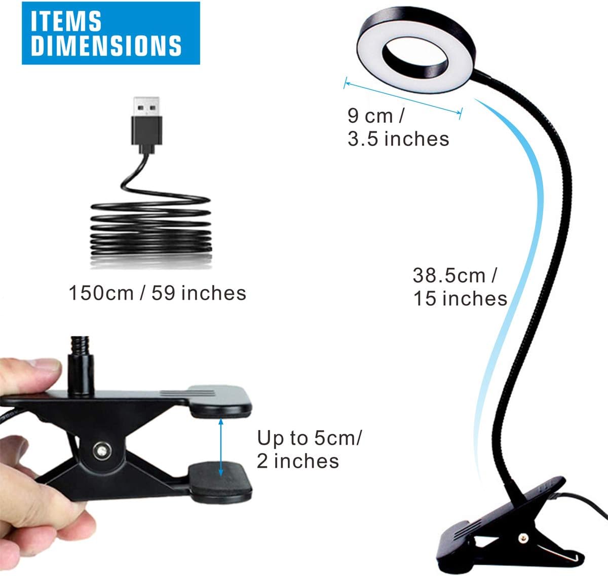 KNAMKY USB LED Desk Lamp Clip On Light, 3 Light Mode 10 Dimmable Brightness Eye Caring Book Adjustable for Reading Studying Working Video Conference Lighting (Black)