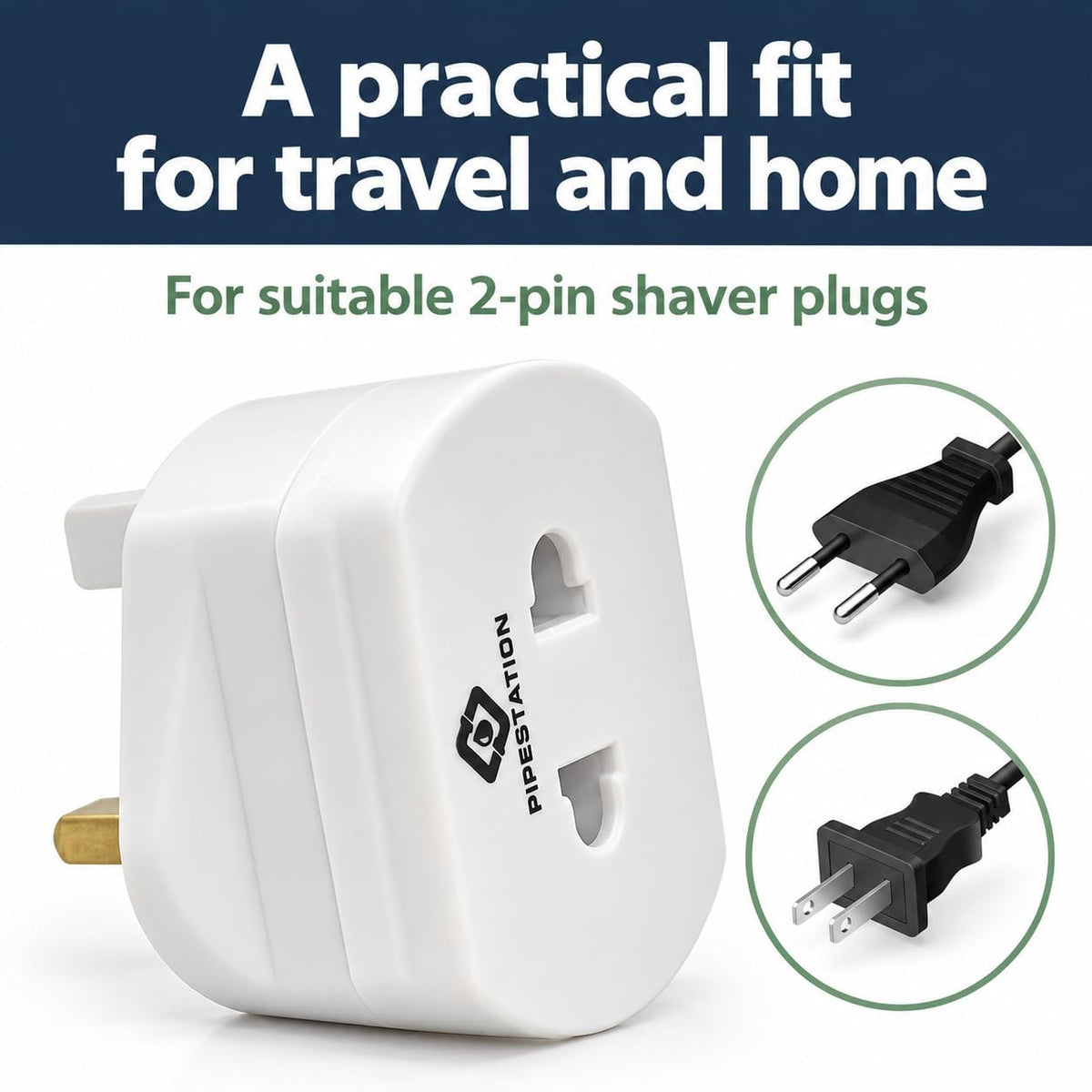 Pipestation Shaver Plug Adaptor UK – 2 Pin to 3 Pin Toothbrush Adapter Plug, 1A Fused Converter for Oral-B, Philips, Braun and Remington Chargers – White
