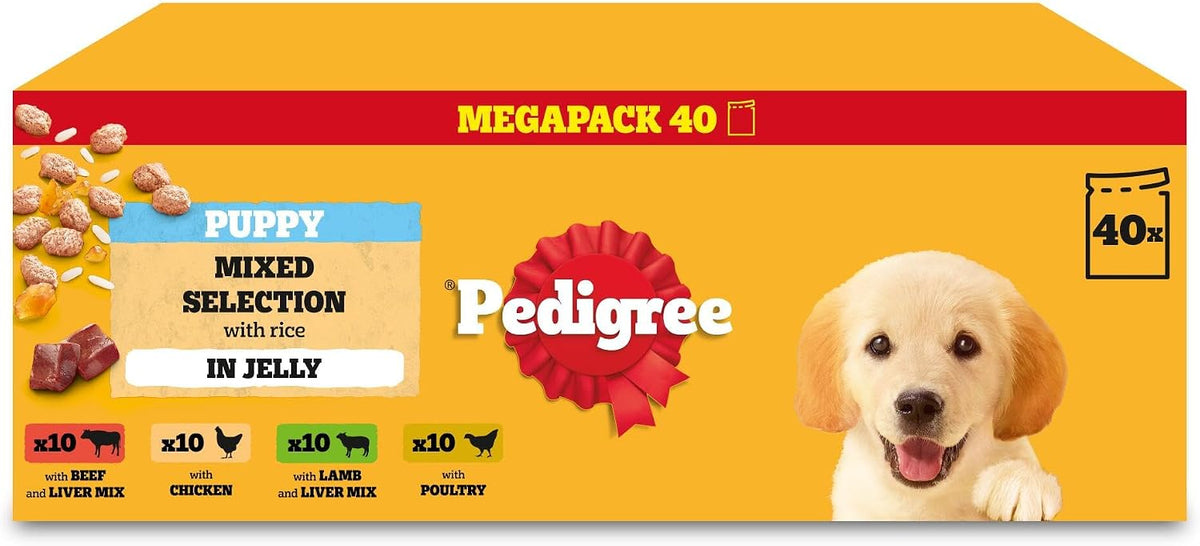 PEDIGREE Puppy Dog Food Pouches Chunks in Jelly, 40 x 100g Multipack, Four Flavours (with Beef & Liver, Chicken, Lamb & Liver and Poultry)