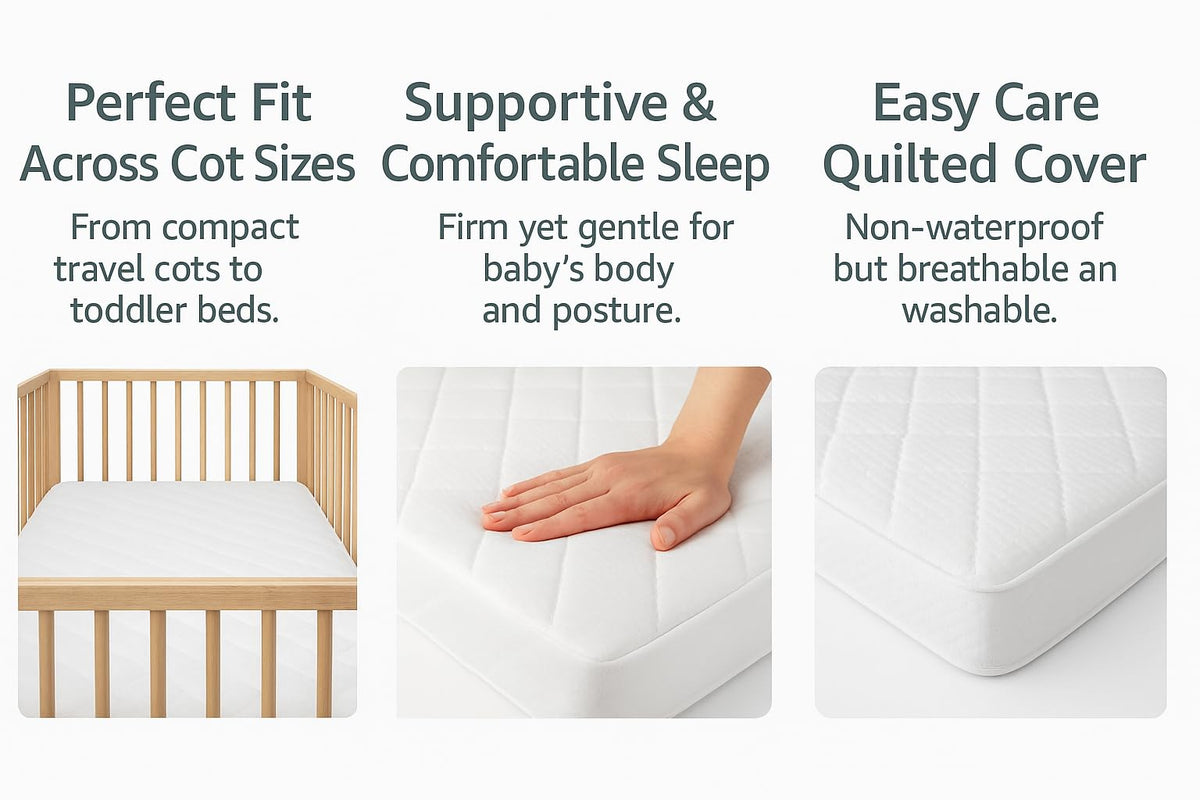 Travel Cot Mattress 95 x 65 x 7.5 cm – Fits Red Kite, Hauck, Graco – Quilted Breathable & Anti-Allergenic Polycotton Cover – Firm Foam Support, Removable Cover – UK Made