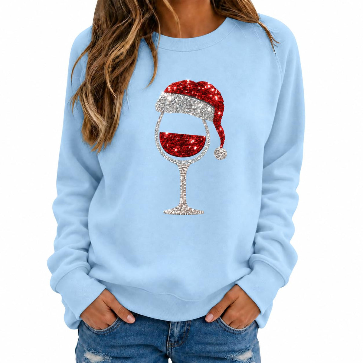 Christmas Jumpers Women Wine Graphic Sequin Sweatshirts Ladies Xmas Tops