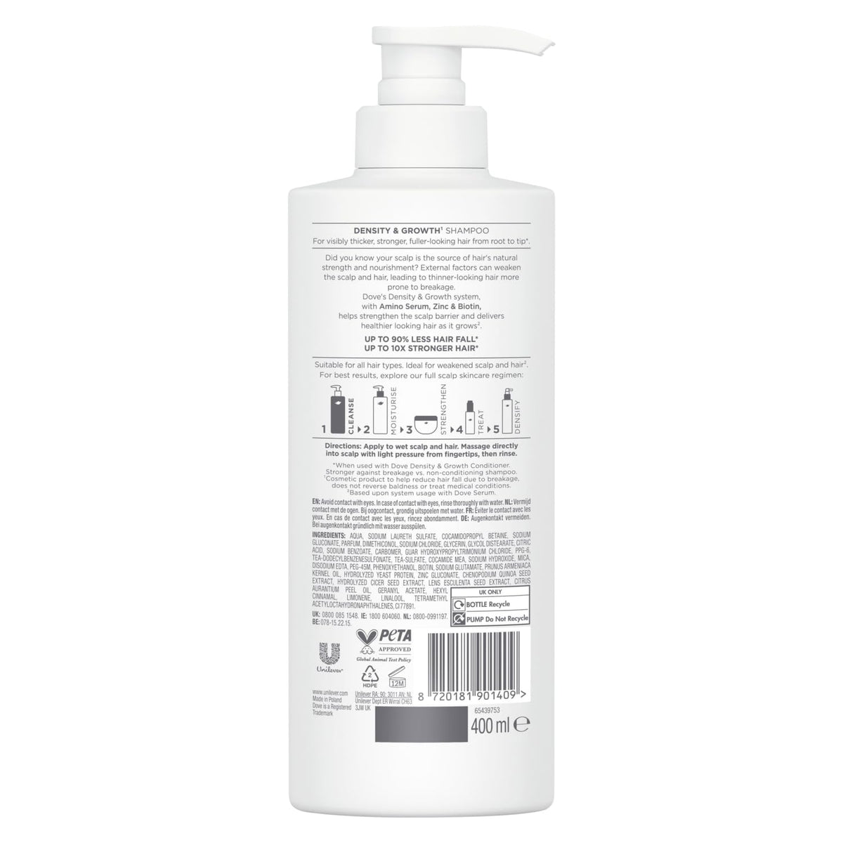 Dove scalp + hair therapy Density & Growth¹ Shampoo hair care with Amino Complex, Zinc and Biotin for up to 90% less hair fall* 250 ml
