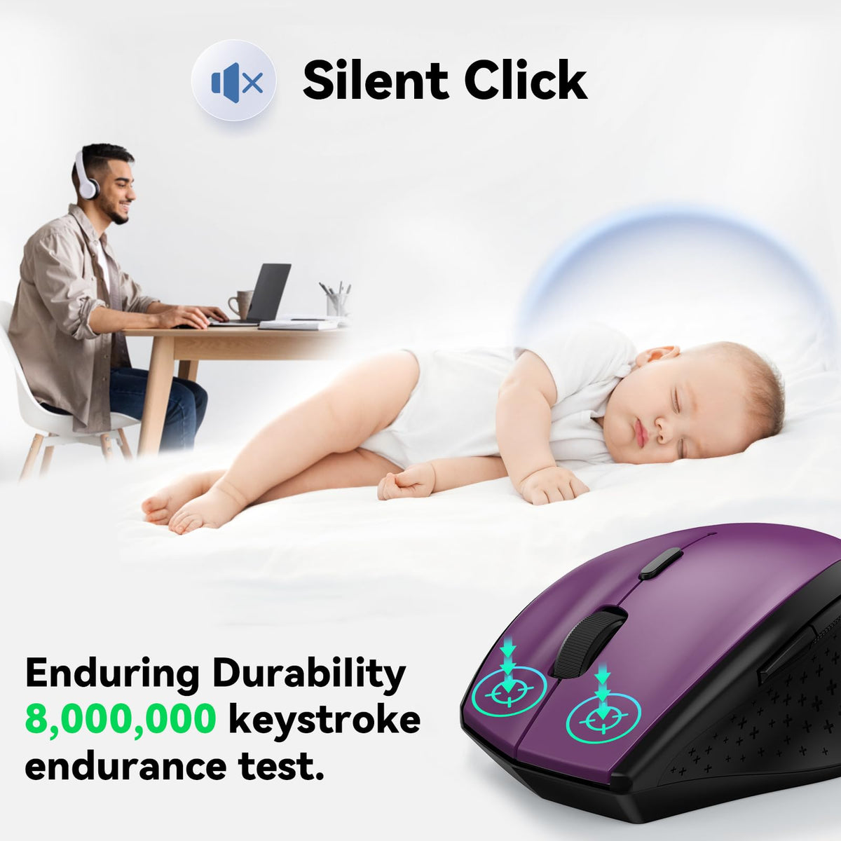 TECKNET Wireless Mouse for Laptop, 4800 DPI Optical Computer Mice with 6 Adjustable Levels, 30 Months Long Battery Life 2.4G Cordless USB Silent Mouse for Notebook, PC, Office Home Work -Grey