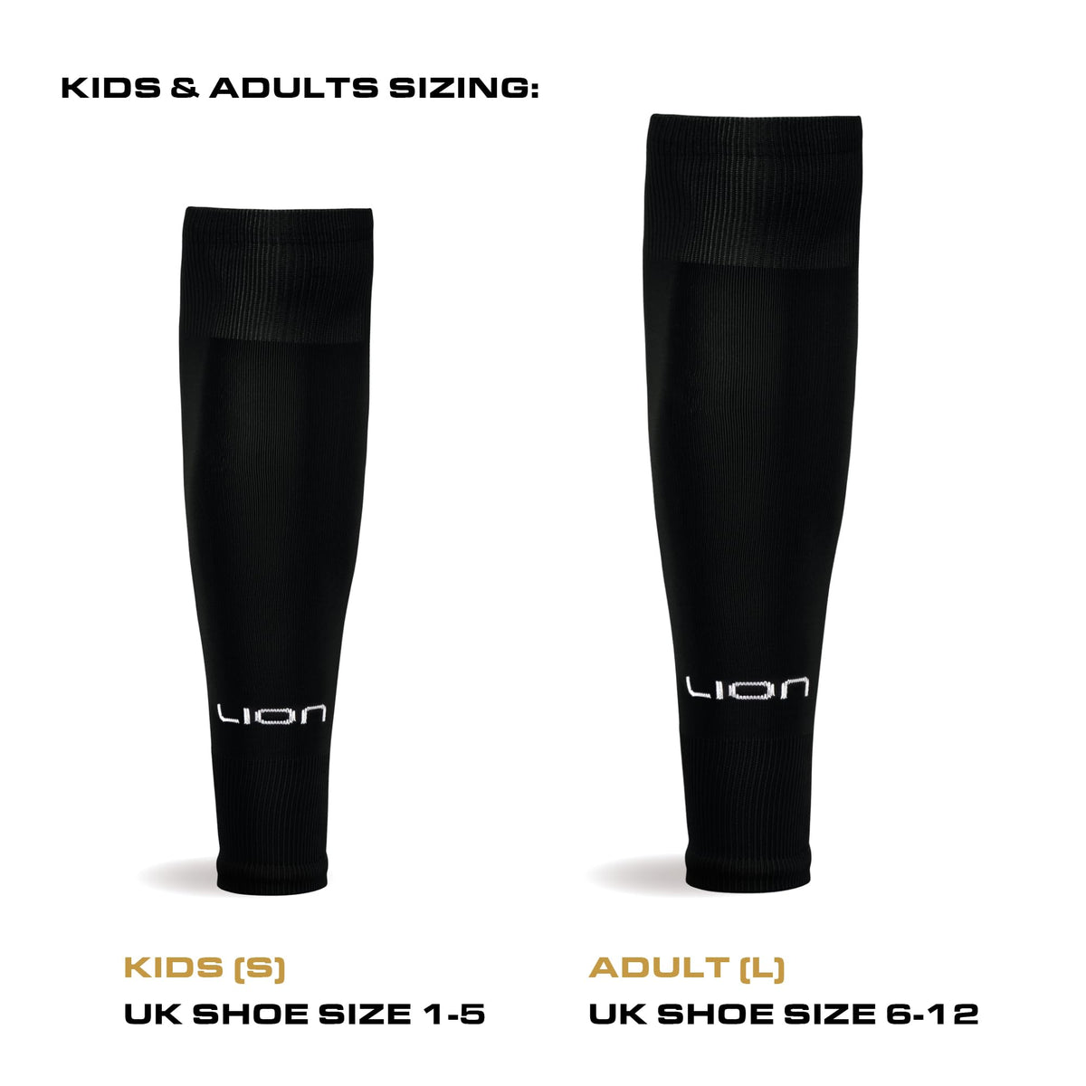 LION SPORTSWEAR Kids/Youth Football Sock Sleeves To Accompany Grip Socks - Fits Over Calf/Shin Pads - Variety Of Colors To Match Your Team Kit