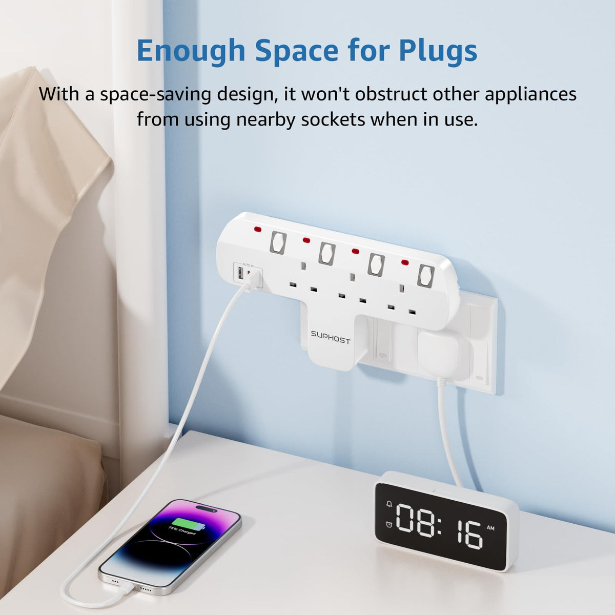Plug Extension Socket, 4 Way Plug Adapter with 180 Degree Rotating UK Plug, 13A Fused Multi Plug Adaptor with 4 Independent Switches, Wall Socket Extension for Home Office Kitchen
