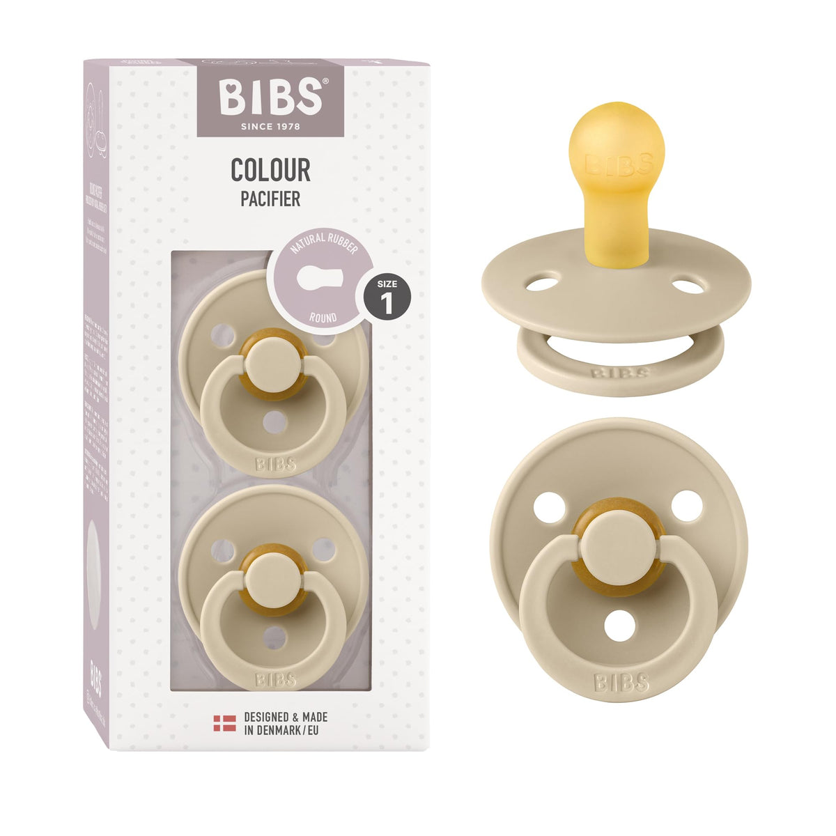 BIBS Colour Soother 2-Pack, BPA Free Dummy Pacifier, Round Nipple. Natural Rubber Latex, Made in Denmark, Size 2 (6-18 Months), Baby Blue