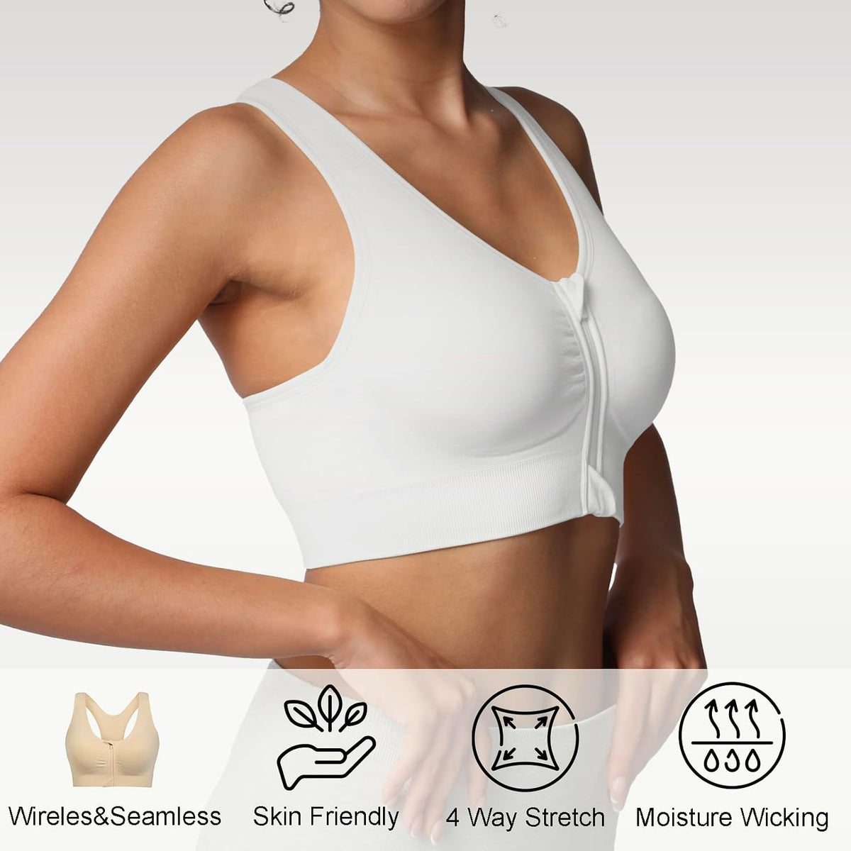Lemef Front Zipper Sports Bras High Impack Post Op Compression Bras for Women Post Surgery Wireless Racerback Yoga Bra