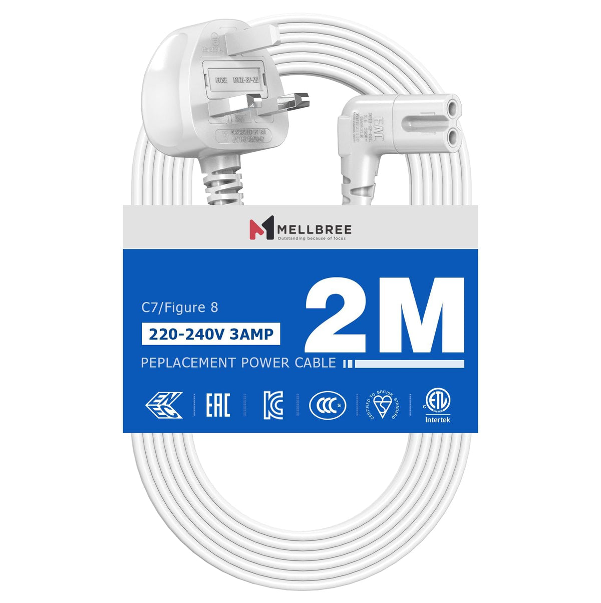 2M Power Cable Compatible with Samsumg TV, Mellbree Quality Safe Right Angle Suitable for Awkward Space Figure 8 Power Cable Compatible with Samsung, LG, Panasonic TV Black