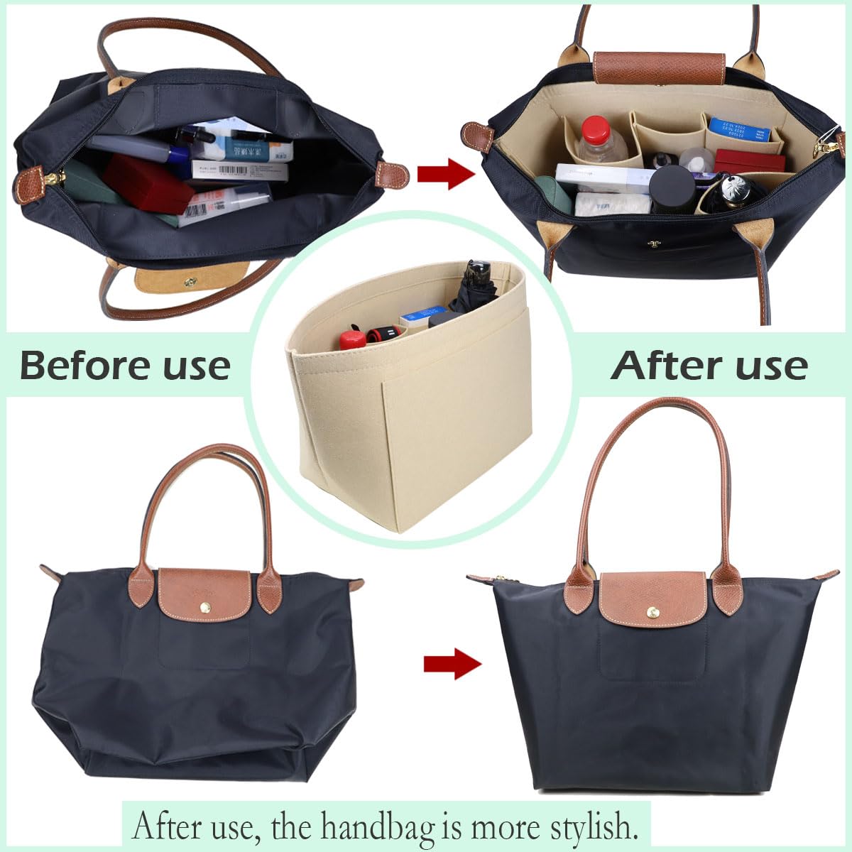 Lckaey tote bag organizer insert for Longchamp le pliage large tote insert felt purse zipper bag organizer 1028pink-S