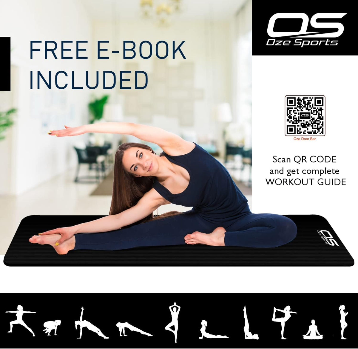 OZE SPORTS Yoga Mat, NBR Foam, Extra Thick, Non-Slip, High Density, Large, for Pilates, Gymnastics, HiiT and Fitness, with Free Carry Strap
