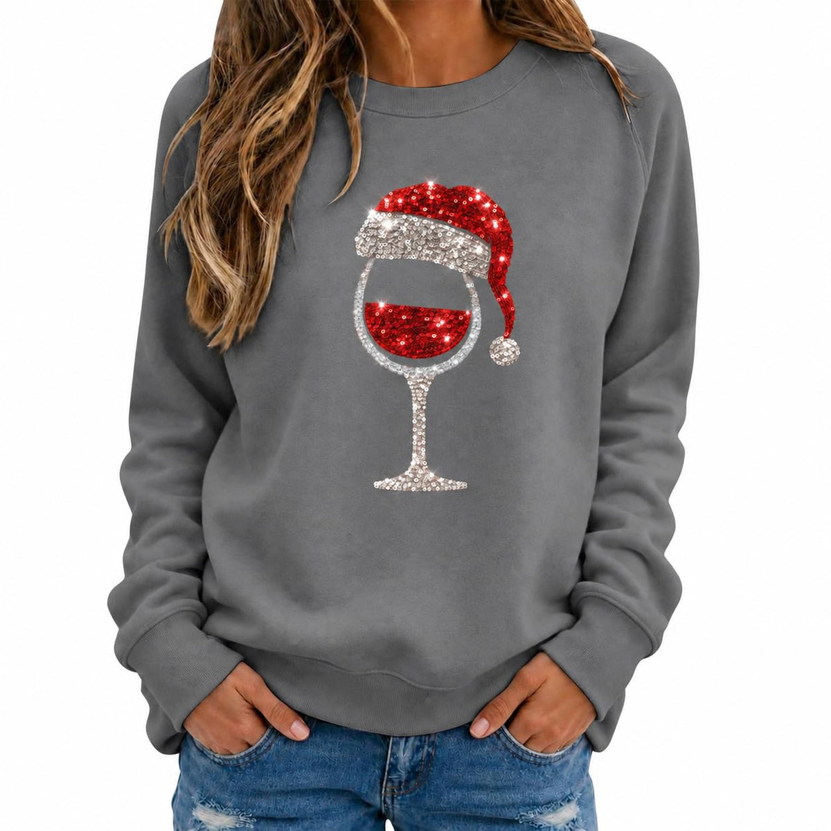 Christmas Jumpers Women Wine Graphic Sequin Sweatshirts Ladies Xmas Tops