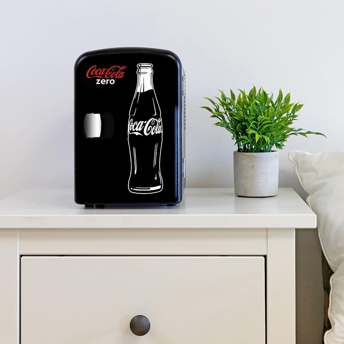 Coca Cola Coke Zero Mini Fridge For Bedrooms 4L Small 6 Can Table Top Quiet Mini Fridges For Skincare Office Food Drinks Kids Home Car & Travel 12V Portable Cooler Warmer Refrigerator (Black)