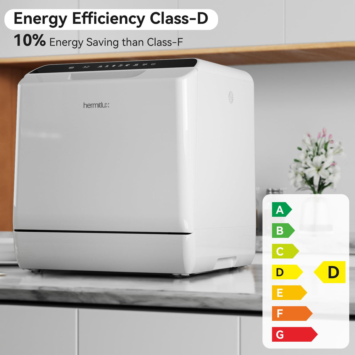 Hermitlux Table Top Dishwasher, Mini Countertop Dishwasher with 4 Place Settings, 5L Built-in Water Tank, 6 Programmes, Touch Control, Baby Care and Fruit Wash, White
