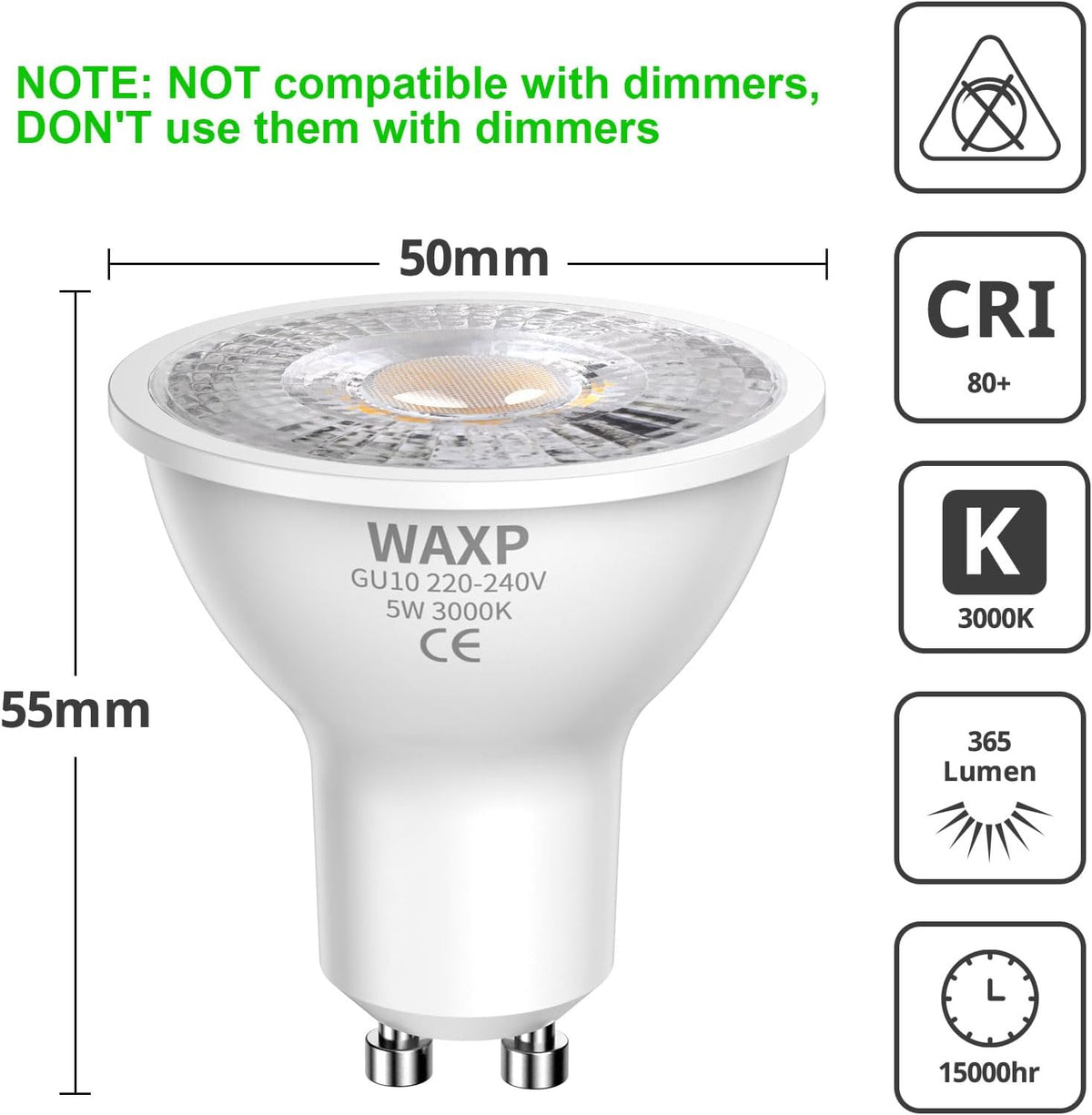 GU10 LED Spot Light Bulbs Warm White 5W, 3000K, 365lm, No Flickering, Energy Saving Light Bulbs, Equivalent 40-50W GU10 Halogen Spotlight Bulbs, Non-Dimmable, 10 Pack