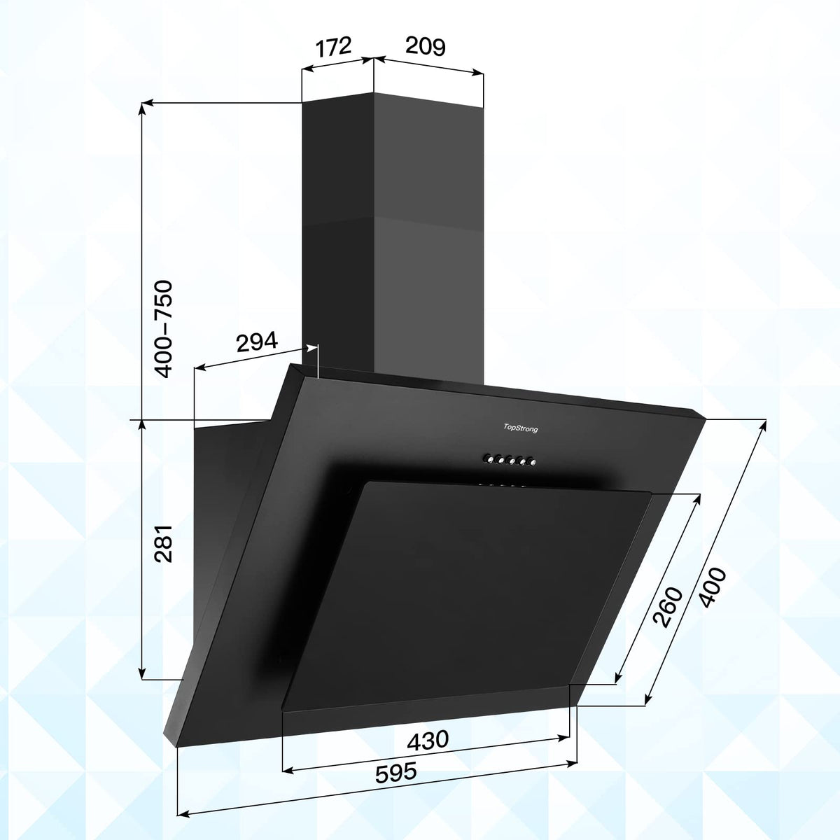 TopStrong Cooker Hood 90cm, 600 m³/h Extractor Fan kitchen, Wall-Mounted Extractor Hood, A++ Energy Efficiency, Touch Control, 58 dB, Recirculating & Ducting System, Black