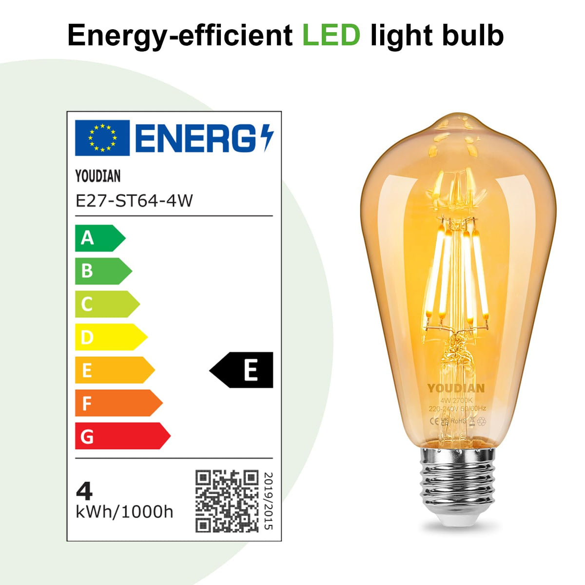 YOUDIAN E27 LED Edison Screw Bulb,Vintage Light Bulb ST64 4W(Pack of 2)