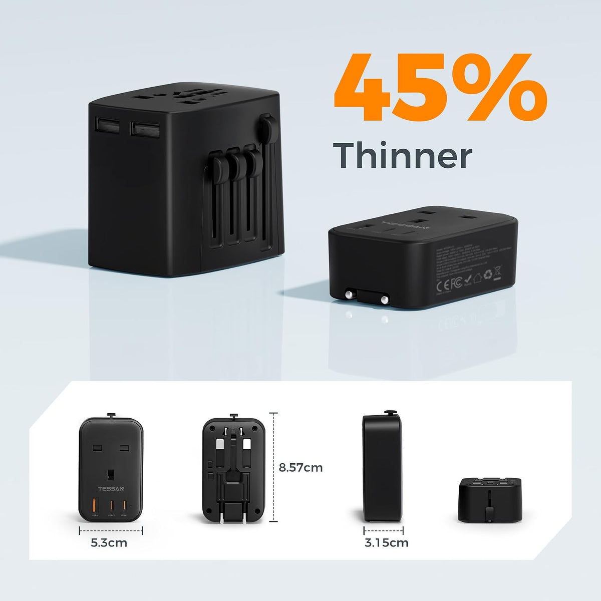 TESSAN UK to Universal Travel Adapter, 1 Pack, Black