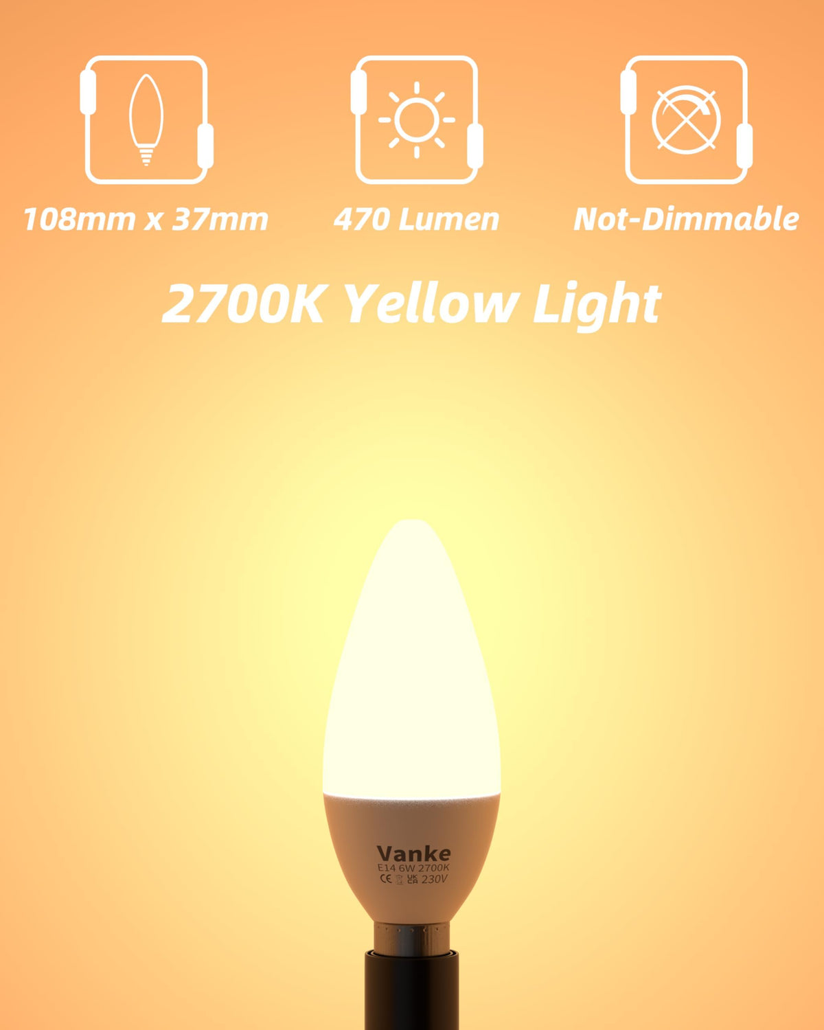 Vanke E14 LED Light Bulb, Warm White 2700K, 6W(40W Equivalent), Pack of 3