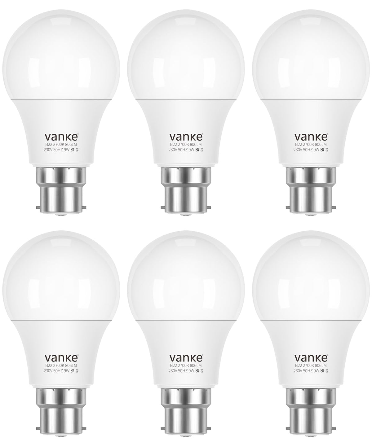 Vanke Bayonet Light Bulb, 9W(60W Equivalent), Warm White 2700K, 3-Pack