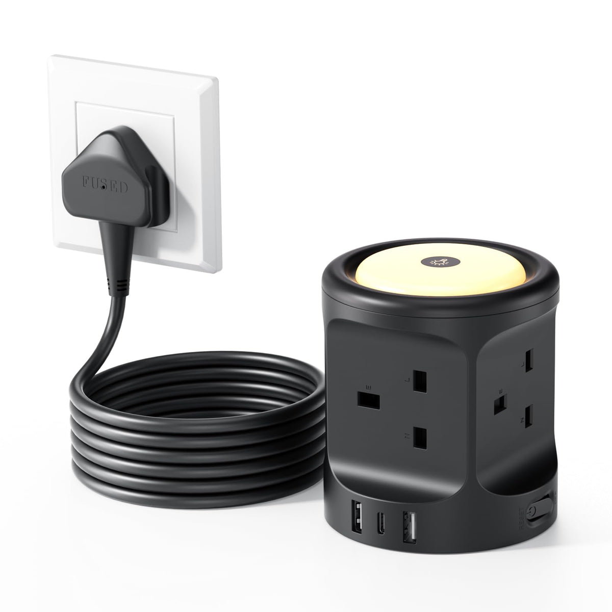 Extension Lead with USB Slots and Night Light, 4 Way (13A/3250W) Multi Plug Extension Cords & 3 USB Ports, Surge Protected Extension Lead with Switches, 2M Extension Cable for Home Dorm Office