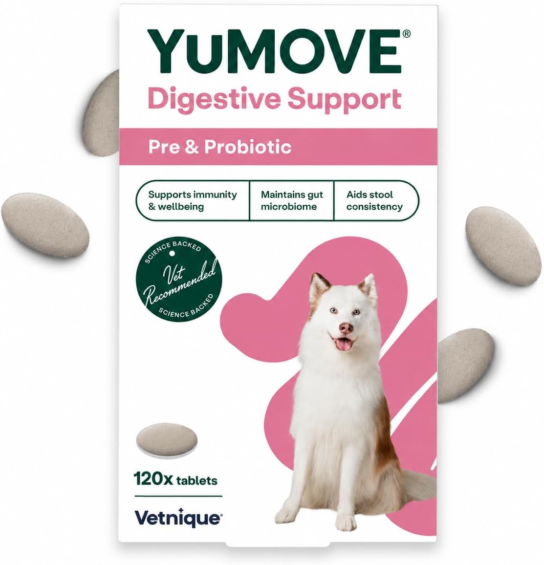 YuMOVE Digestive Care, Dog Pre and Probiotics Supplement for Gut Health, Digestive Support for All Ages and Breeds, 120 Tablets - Eco Friendly and Letter Box Ready Packaging