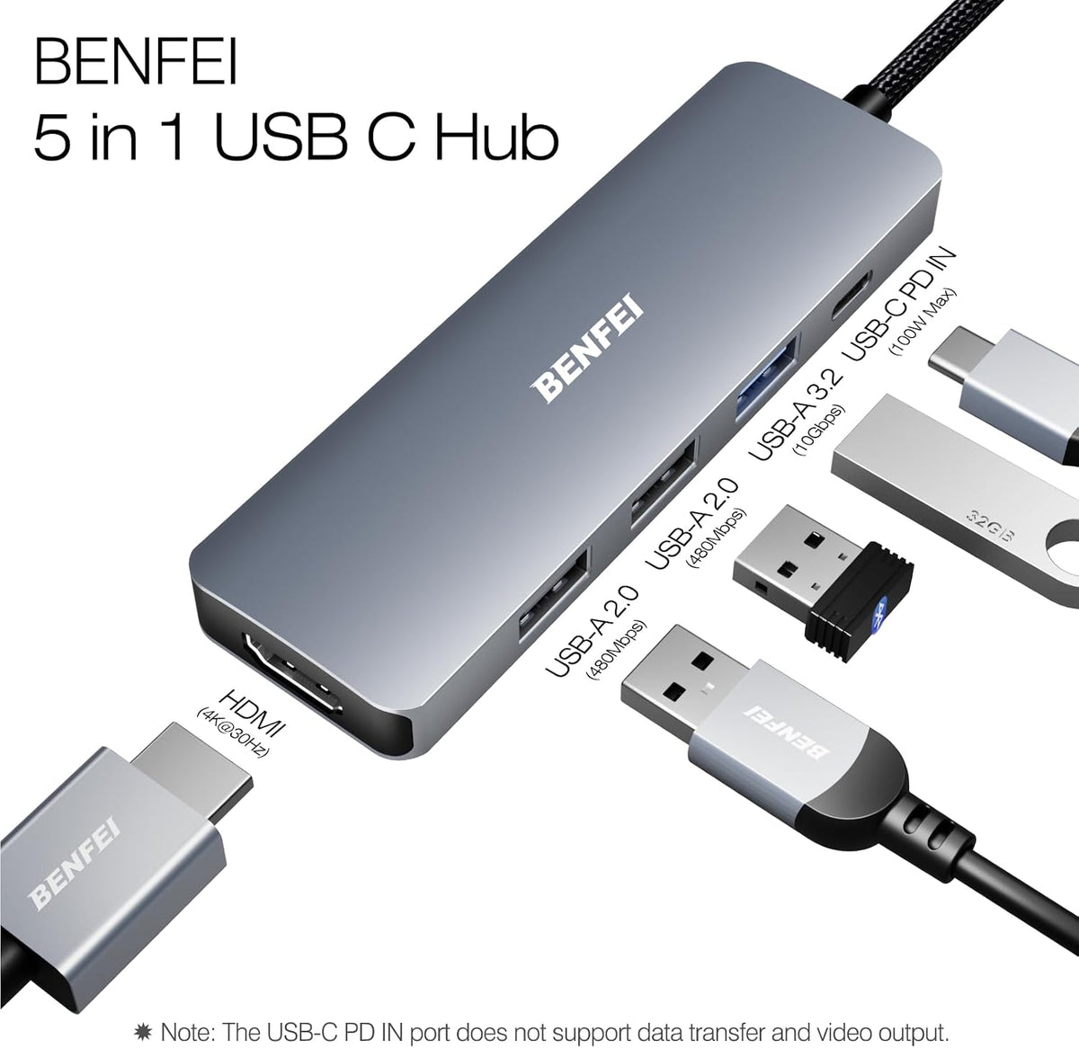 BENFEI USB-C Hub 5-in-1 with 4K HDMI, 3 USB-A 3.2 GEN2 10Gbps, 100W PD, Silicone Woven Cable, Aluminum Case, Compatible with MacBook, iPad, iPhone 15/16 Series