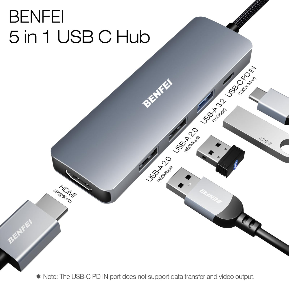 BENFEI USB-C Hub 5-in-1 with 4K HDMI, 3 USB-A 3.2 GEN2 10Gbps, 100W PD, Silicone Woven Cable, Aluminum Case, Compatible with MacBook, iPad, iPhone 15/16 Series